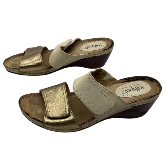 Softspots Beige Gold Wedge Sandals Hook Loop Straps Women Sz 7.5 - Picture 1 of 6